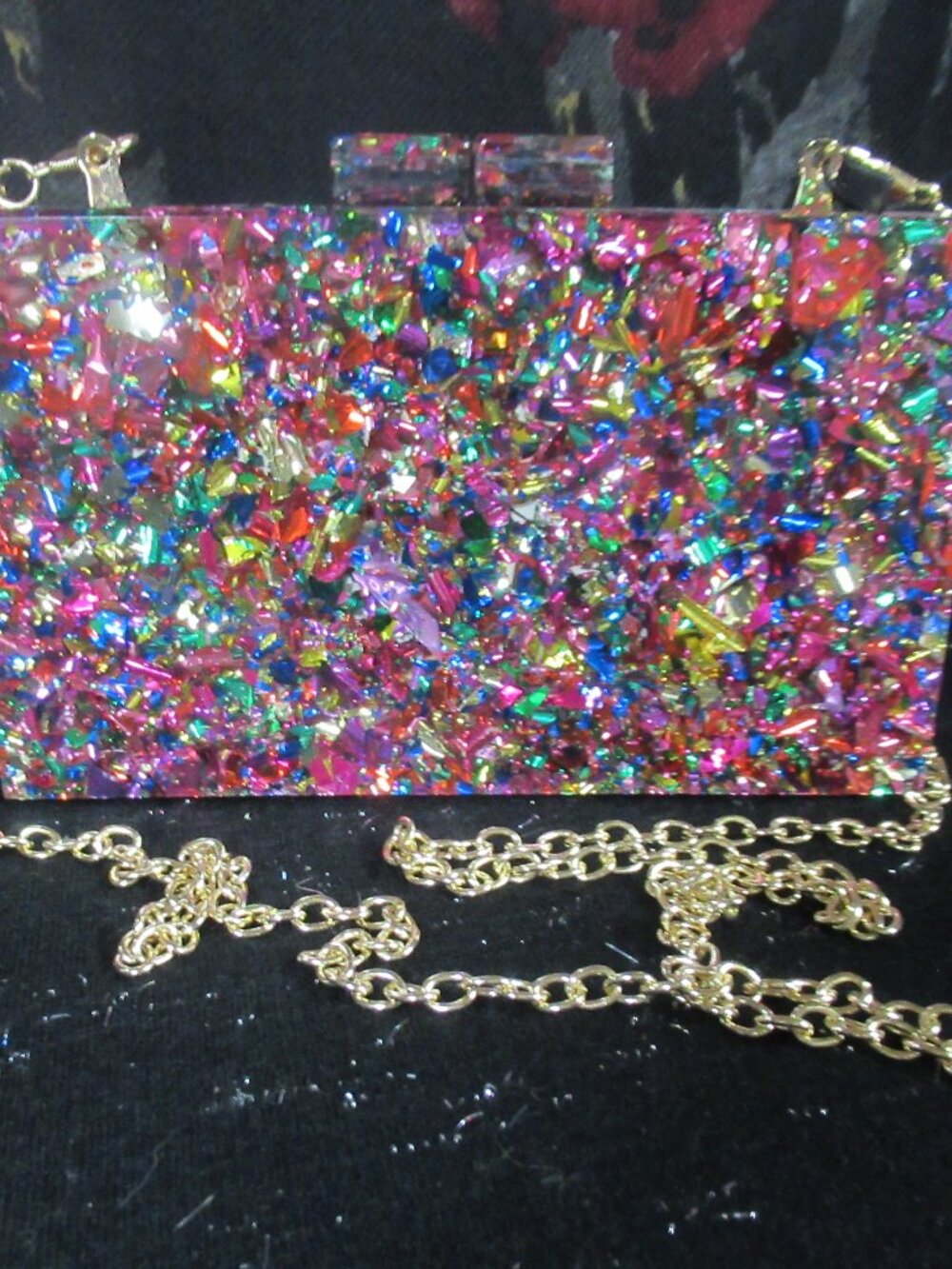 42 Gold Hard Multicolor Confetti Clutch Purse with Chain Strap